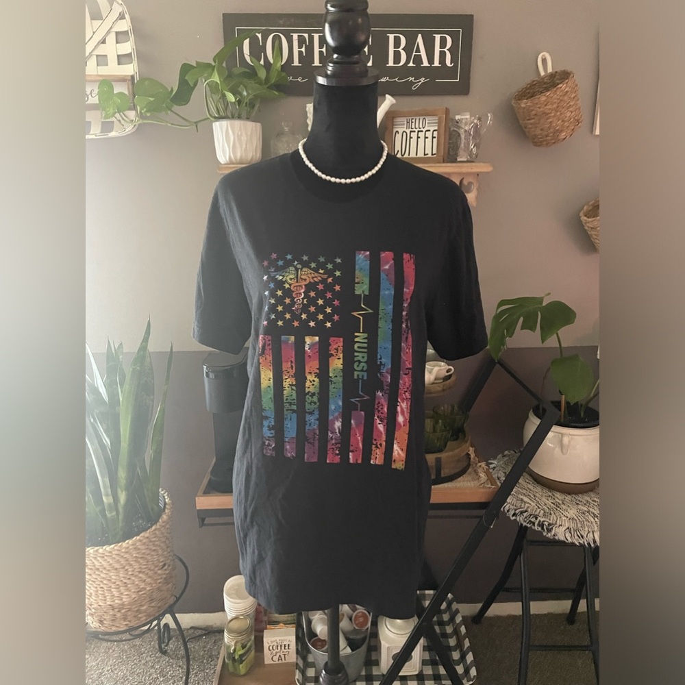 NWOT Nurse Multicolored American Flag Tee